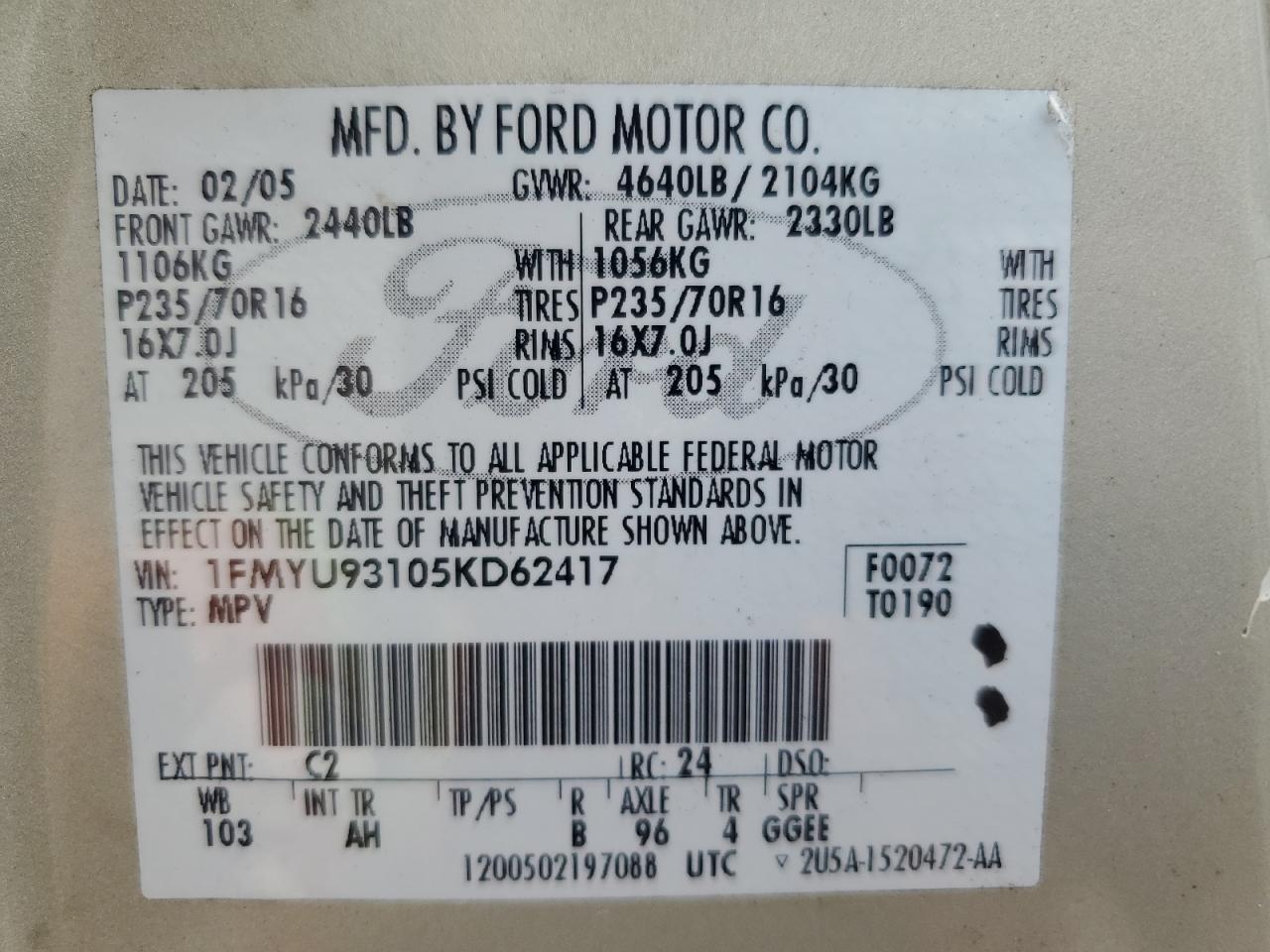 2005 Ford Escape Xlt VIN: 1FMYU93105KD62417 Lot: 62757635