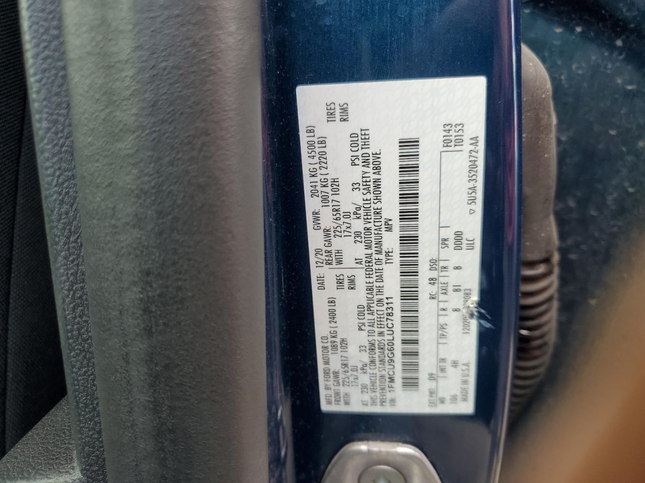2020 Ford Escape Se VIN: 1FMCU9G60LUC78311 Lot: 64270005