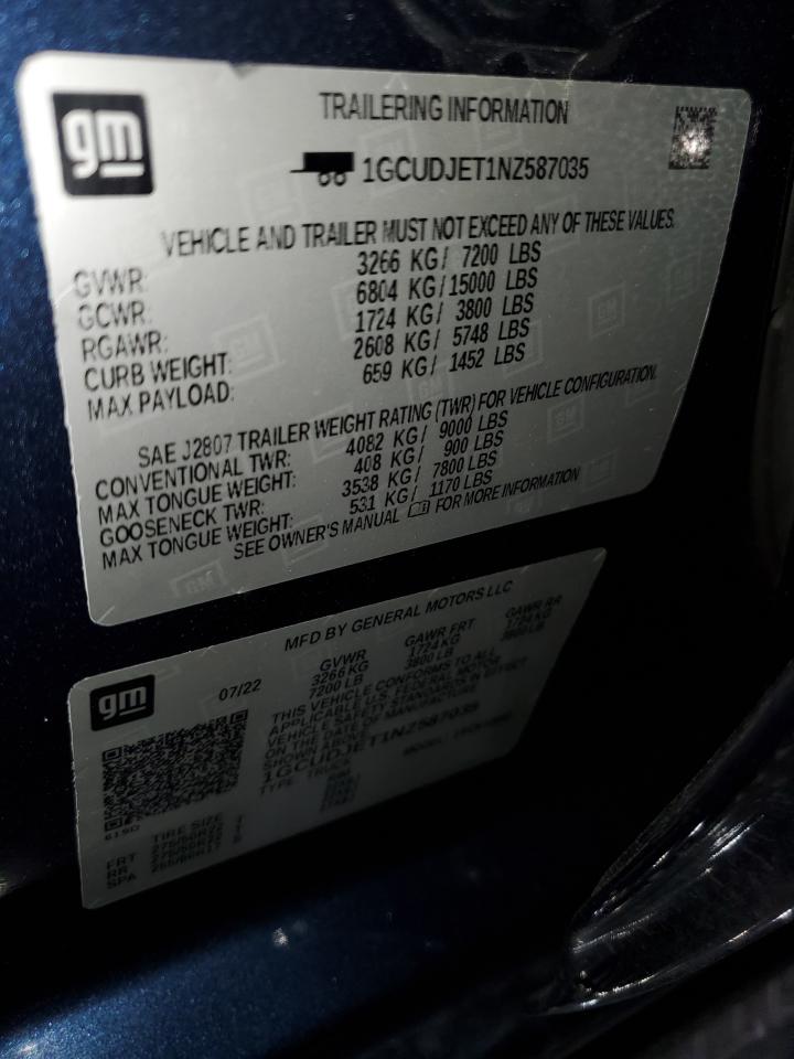 2022 Chevrolet Silverado K1500 High Country VIN: 1GCUDJET1NZ587035 Lot: 65178095