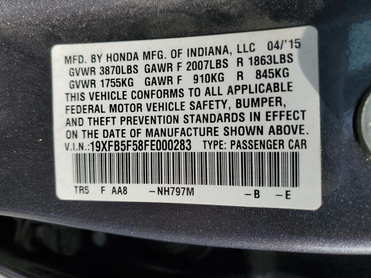 2015 Honda Civic Natural Gas VIN: 19XFB5F58FE000283 Lot: 66490725