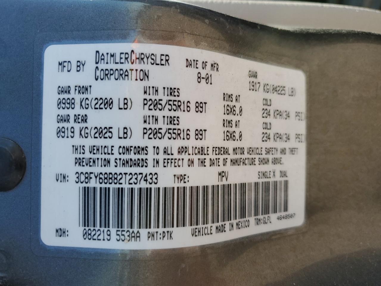 2002 Chrysler Pt Cruiser Limited VIN: 3C8FY68B82T237433 Lot: 64841635