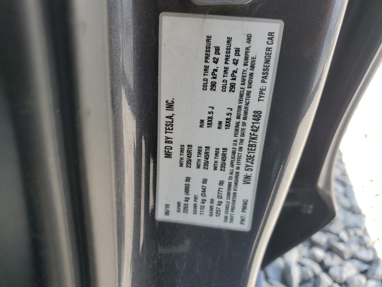 2019 Tesla Model 3 VIN: 5YJ3E1EB7KF421488 Lot: 63808855