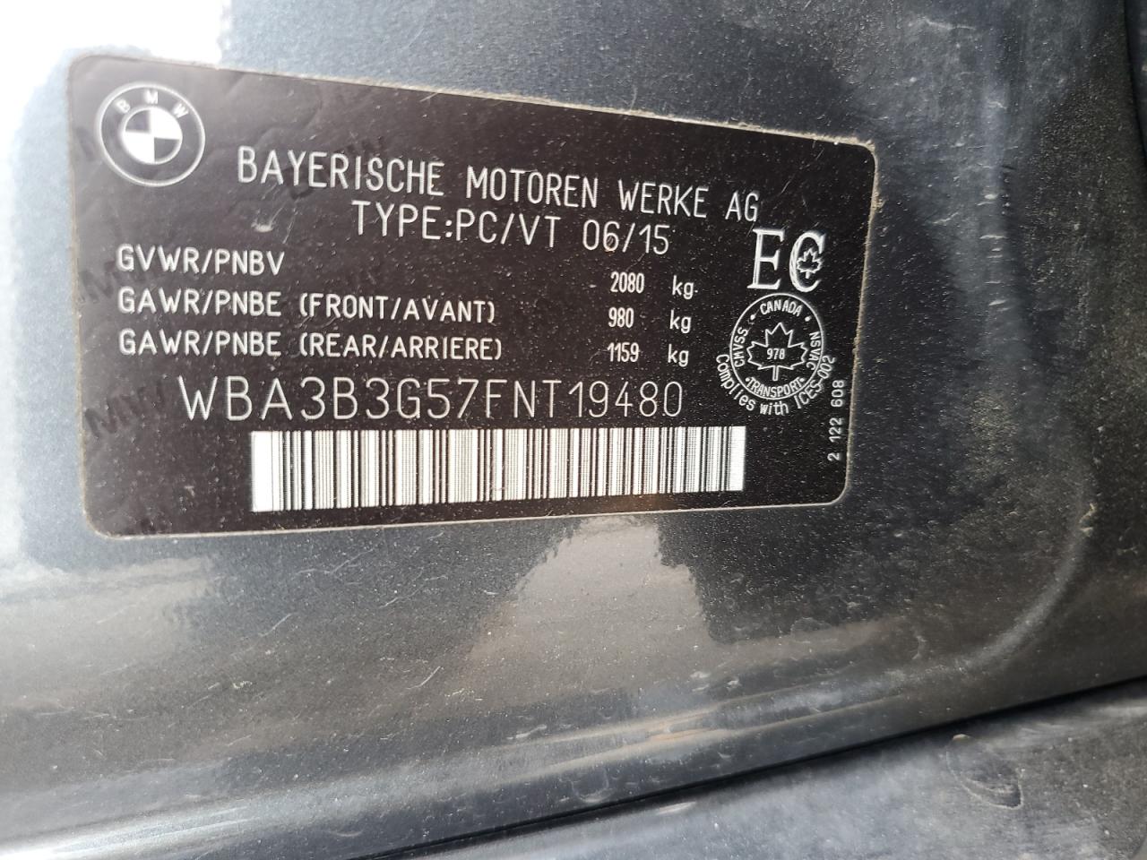 2015 BMW 328 Xi VIN: WBA3B3G57FNT19480 Lot: 62654605