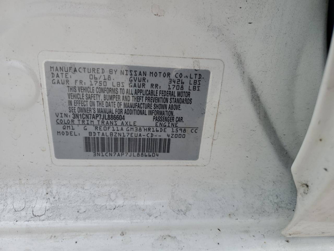 2018 Nissan Versa S VIN: 3N1CN7AP7JL886604 Lot: 64451065