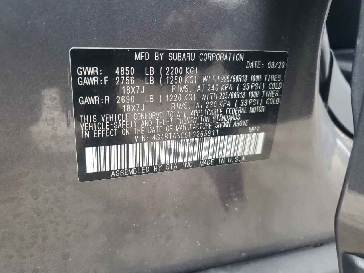 2020 Subaru Outback Limited VIN: 4S4BTANC5L3265911 Lot: 65005235