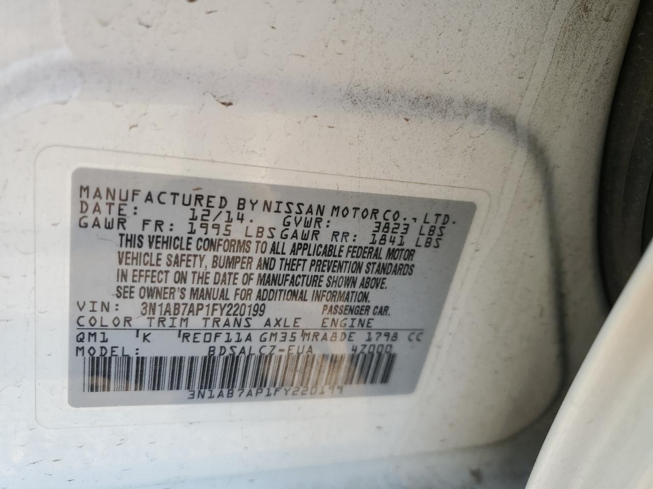 2015 Nissan Sentra S VIN: 3N1AB7AP1FY220199 Lot: 64394485