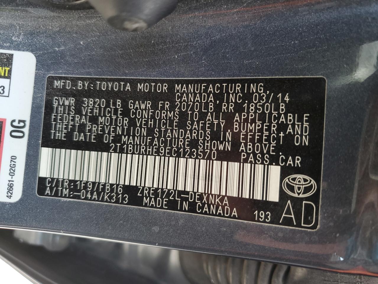 2014 Toyota Corolla L VIN: 2T1BURHE9EC123570 Lot: 64929045