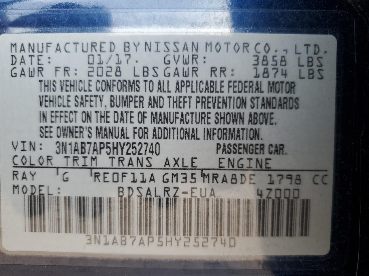 2017 Nissan Sentra S VIN: 3N1AB7AP5HY252740 Lot: 65267915