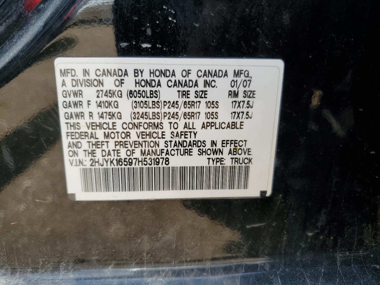 2007 Honda Ridgeline Rtl VIN: 2HJYK16597H531978 Lot: 64073085