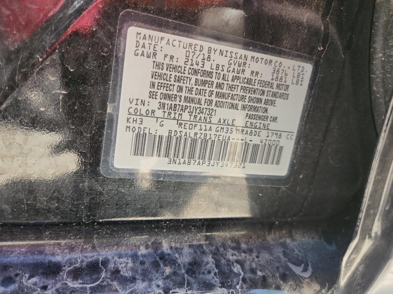 2018 Nissan Sentra S VIN: 3N1AB7AP3JY347321 Lot: 64205625