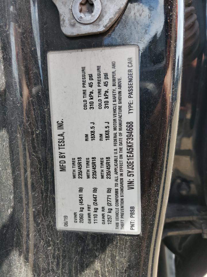 2019 Tesla Model 3 VIN: 5YJ3E1EA5KF394668 Lot: 62960885