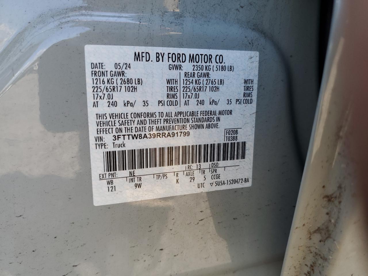 2024 Ford Maverick Xl VIN: 3FTTW8A39RRA91799 Lot: 65146235