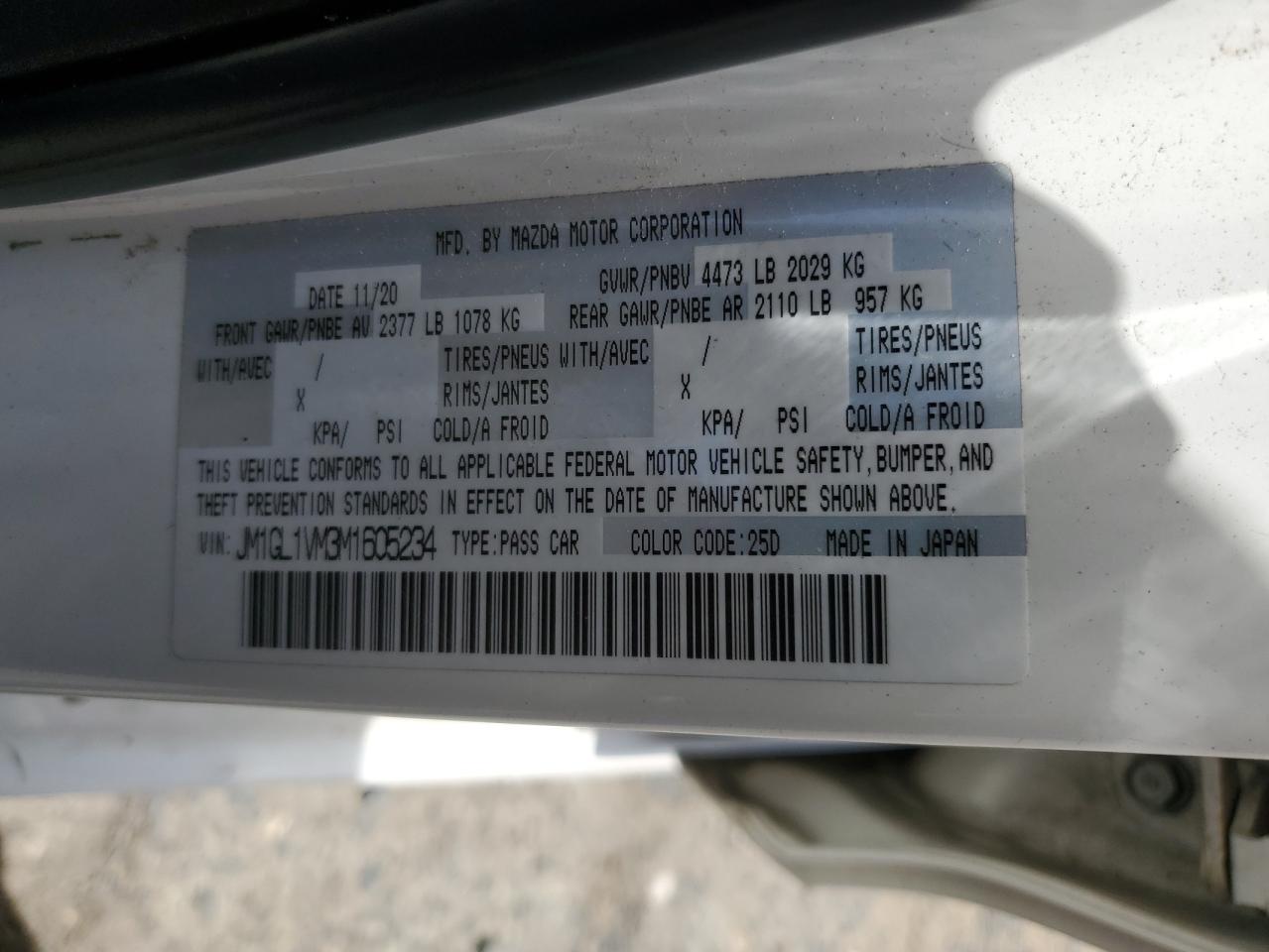 2021 Mazda 6 Touring VIN: JM1GL1VM3M1605234 Lot: 63810515