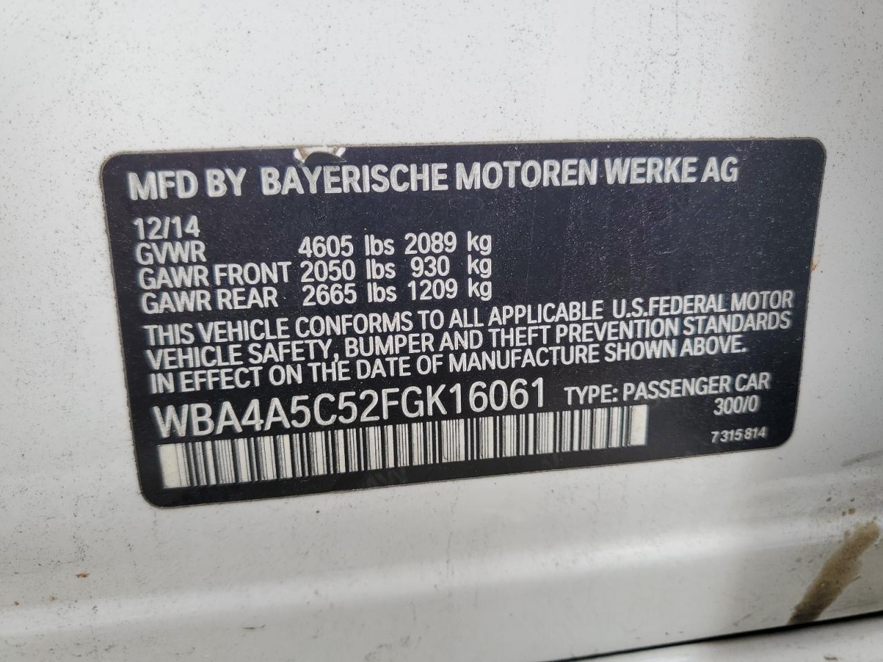 2015 BMW 428 I Gran Coupe VIN: WBA4A5C52FGK16061 Lot: 63253235