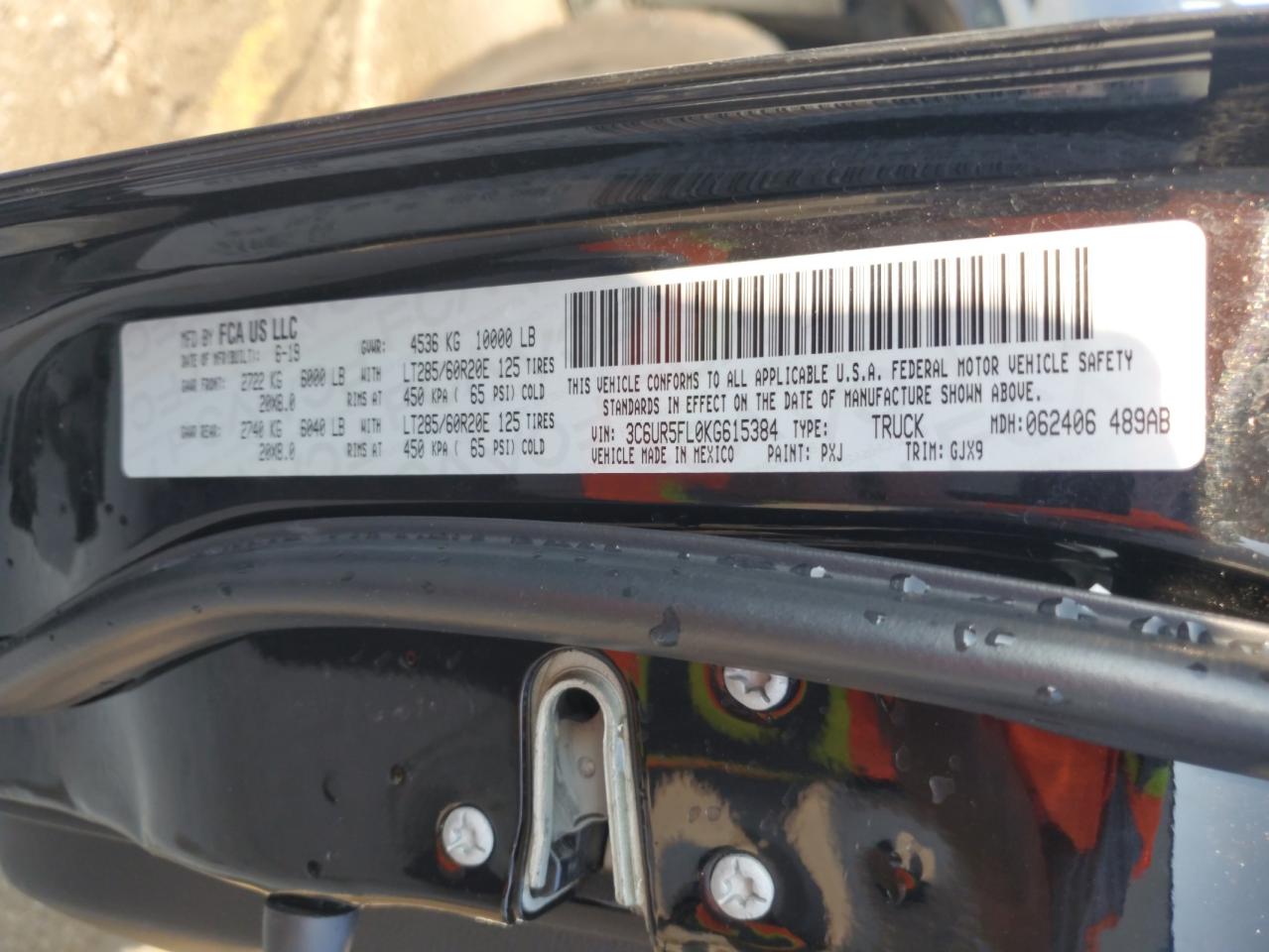 2019 Ram 2500 Laramie VIN: 3C6UR5FL0KG615384 Lot: 63589545