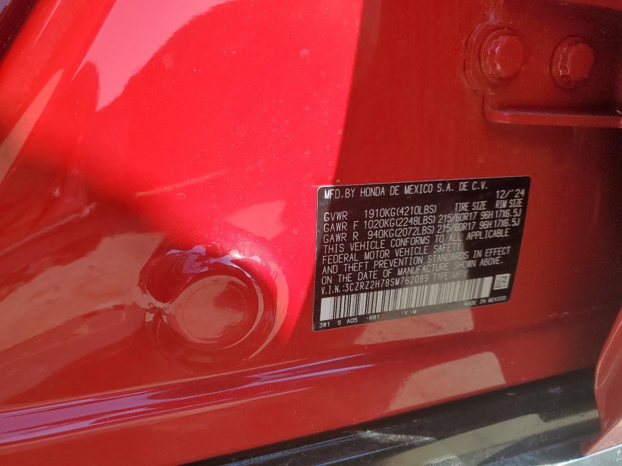 2025 Honda Hr-V Exl VIN: 3CZRZ2H78SM762089 Lot: 63077405