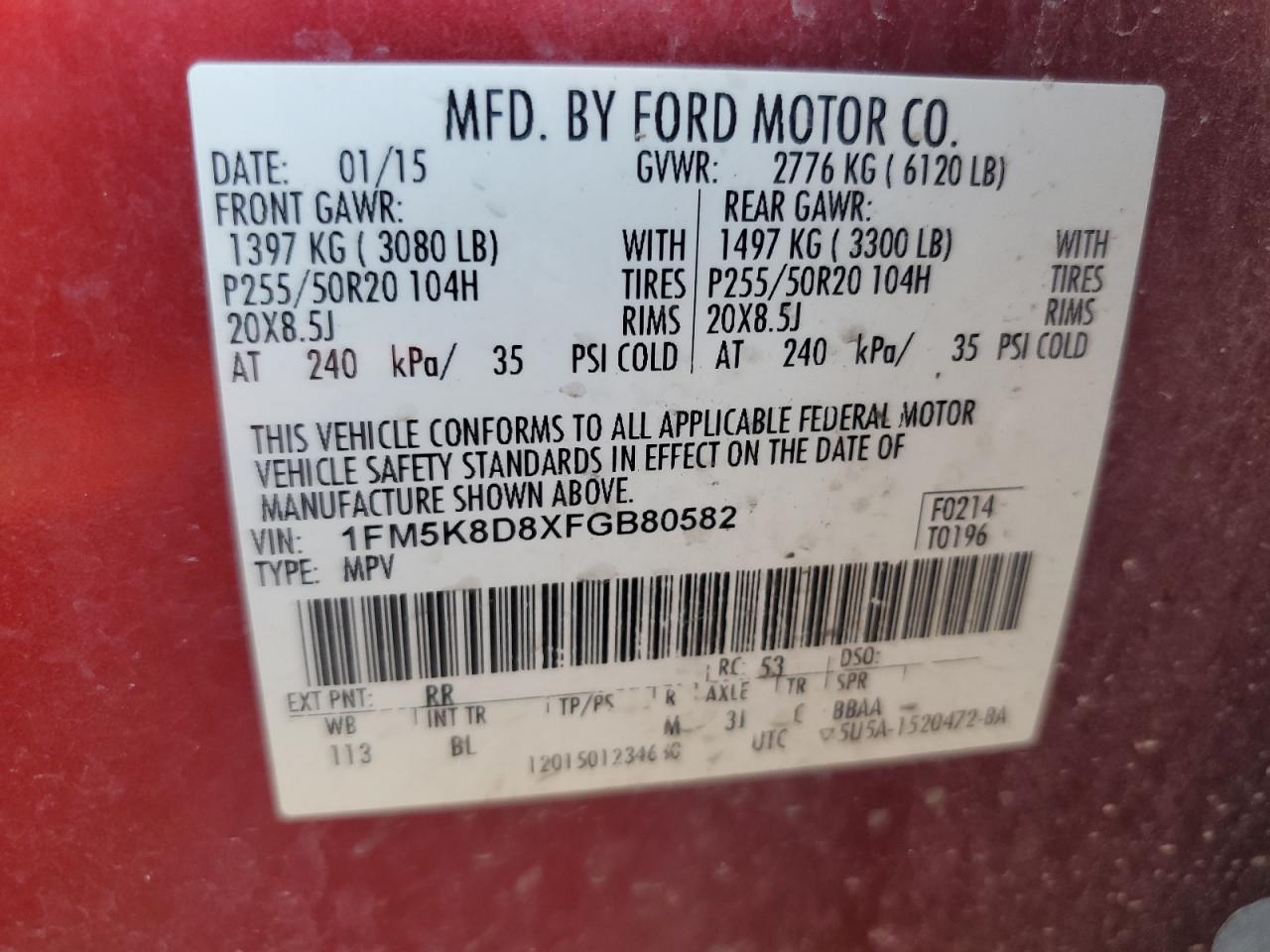 2015 Ford Explorer Xlt VIN: 1FM5K8D8XFGB80582 Lot: 64242485