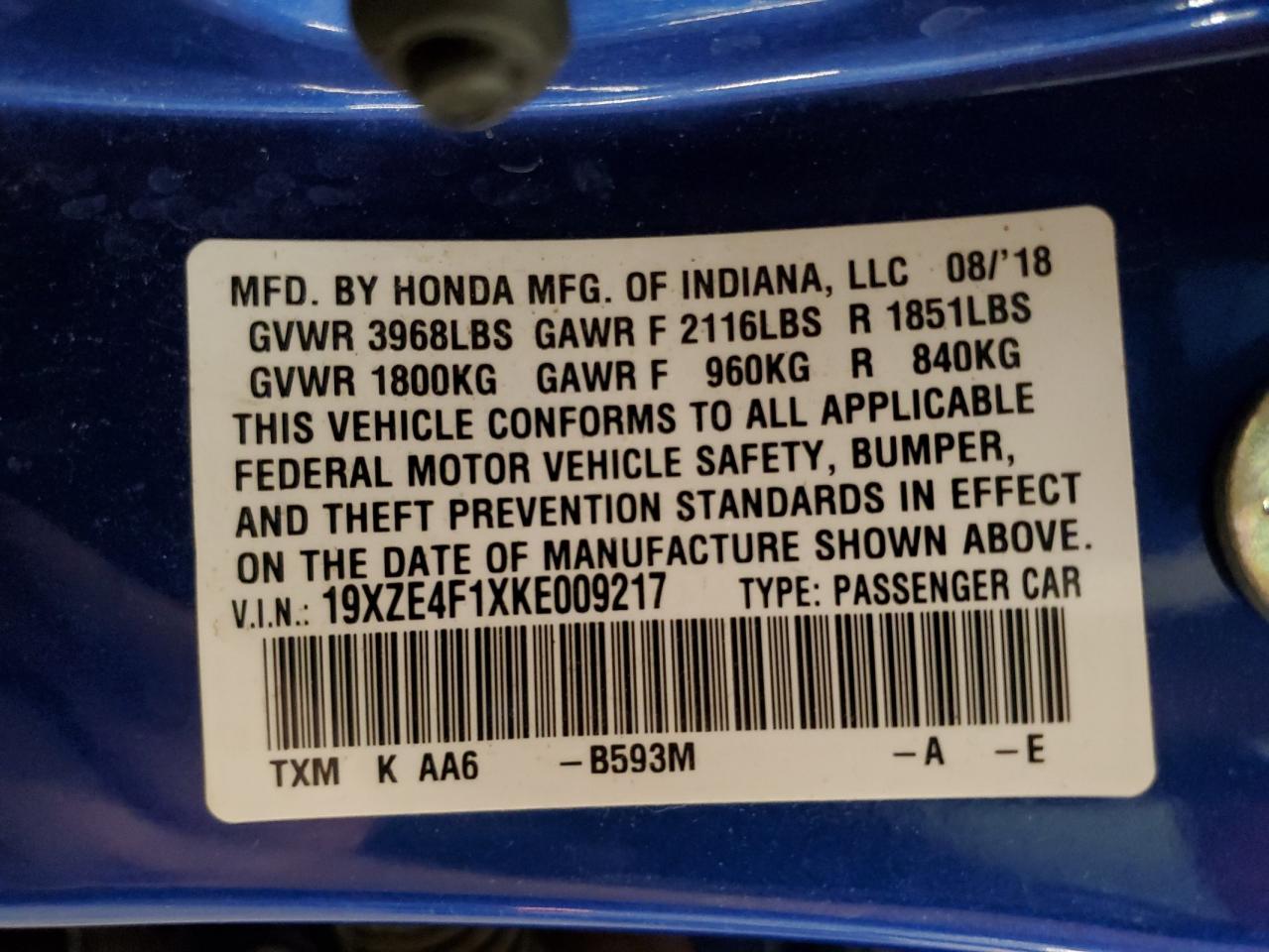 2019 Honda Insight Lx VIN: 19XZE4F1XKE009217 Lot: 63473315
