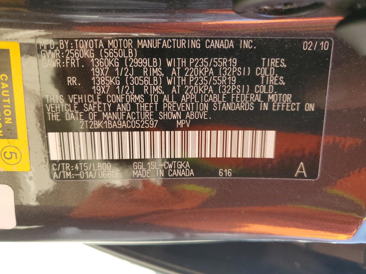 2010 Lexus Rx 350 VIN: 2T2BK1BA9AC052597 Lot: 64794975