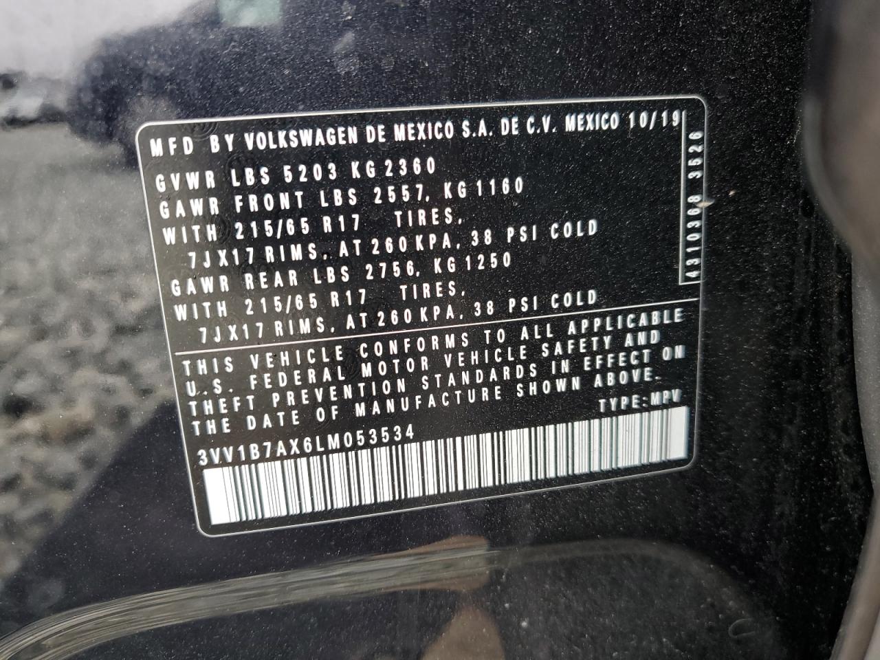 2020 Volkswagen Tiguan S VIN: 3VV1B7AX6LM053534 Lot: 64855685