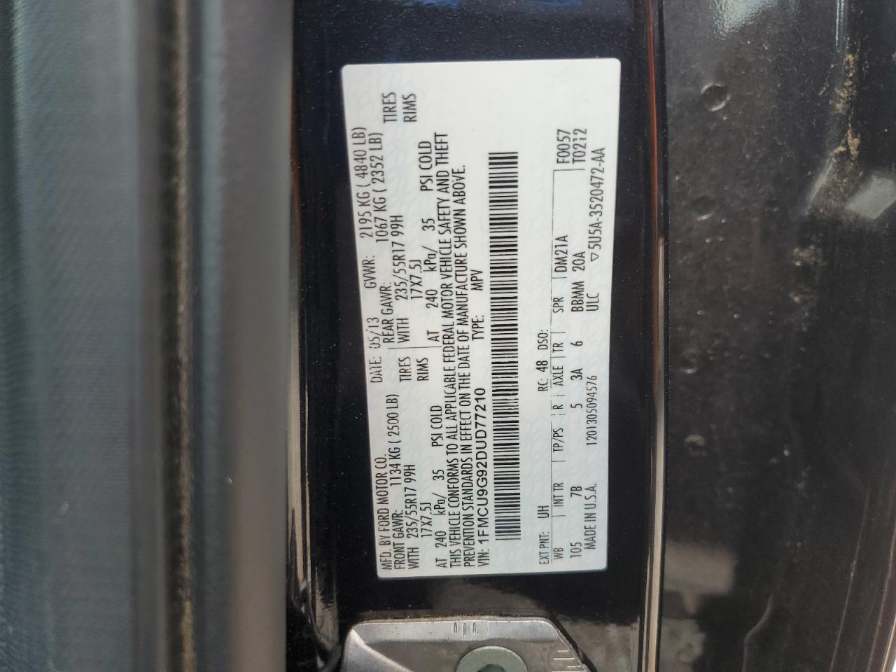 2013 Ford Escape Se VIN: 1FMCU9G92DUD77210 Lot: 65454085