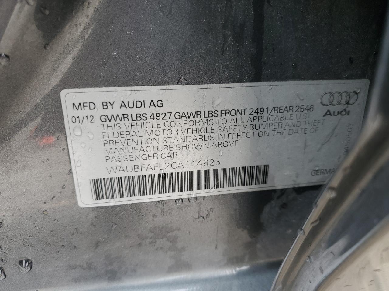 2012 Audi A4 Premium VIN: WAUBFAFL2CA114625 Lot: 63673395