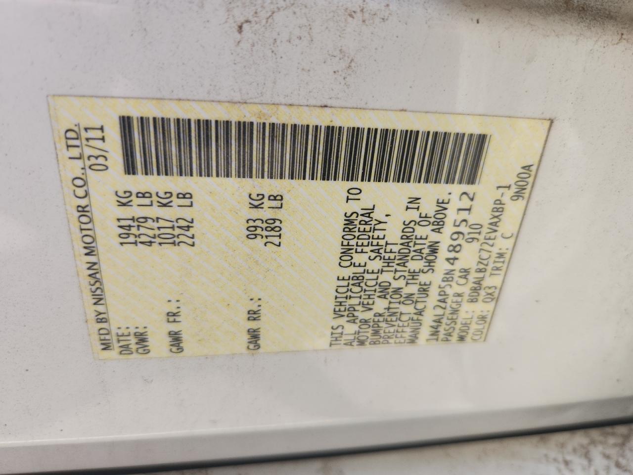 2011 Nissan Altima Base VIN: 1N4AL2AP5BN489512 Lot: 65073025