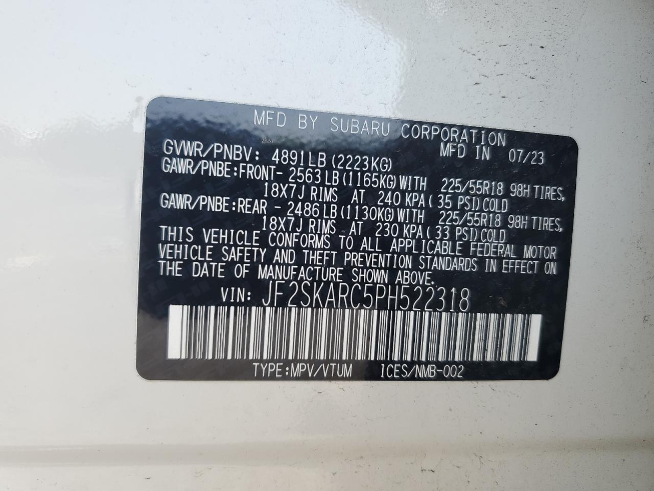 2023 Subaru Forester Touring VIN: JF2SKARC5PH522318 Lot: 63442695