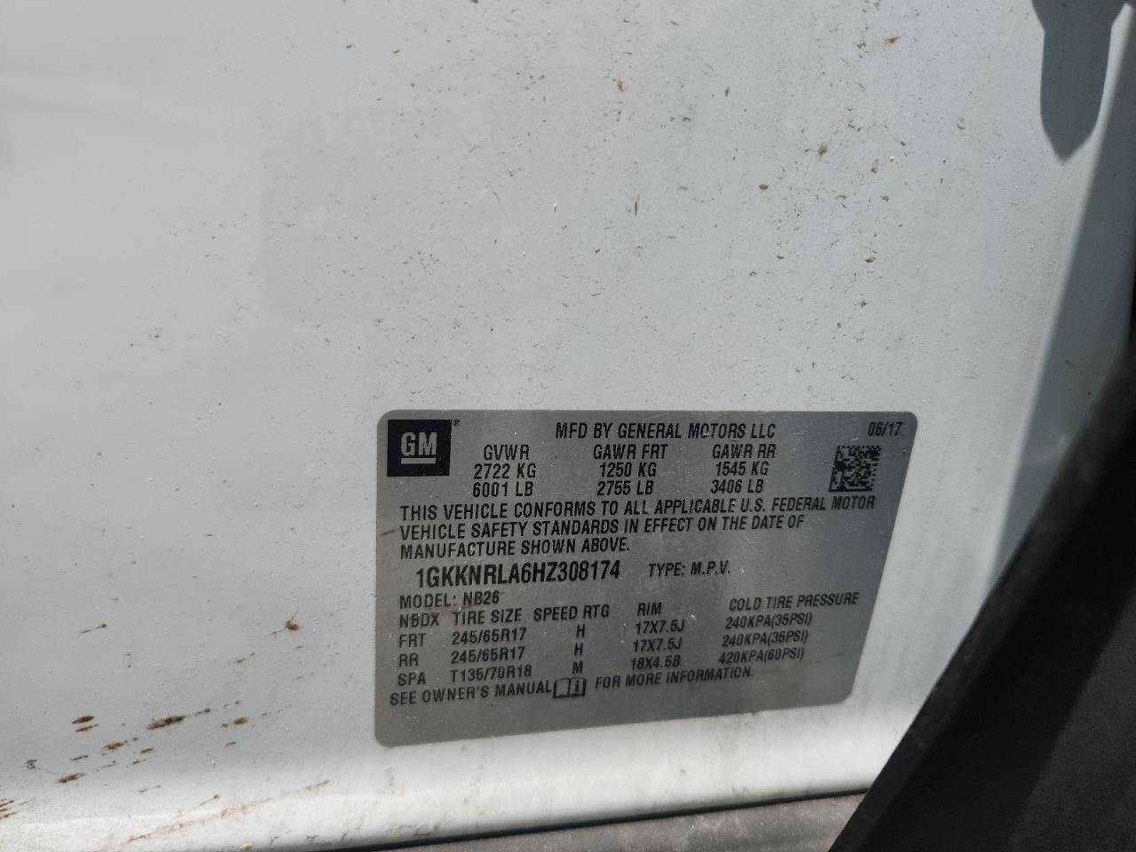 2017 GMC Acadia Sle VIN: 1GKKNRLA6HZ308174 Lot: 64800925