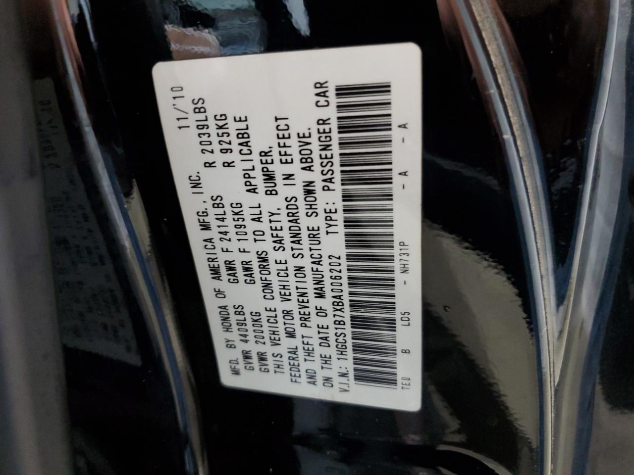 2011 Honda Accord Ex VIN: 1HGCS1B7XBA006202 Lot: 66565045