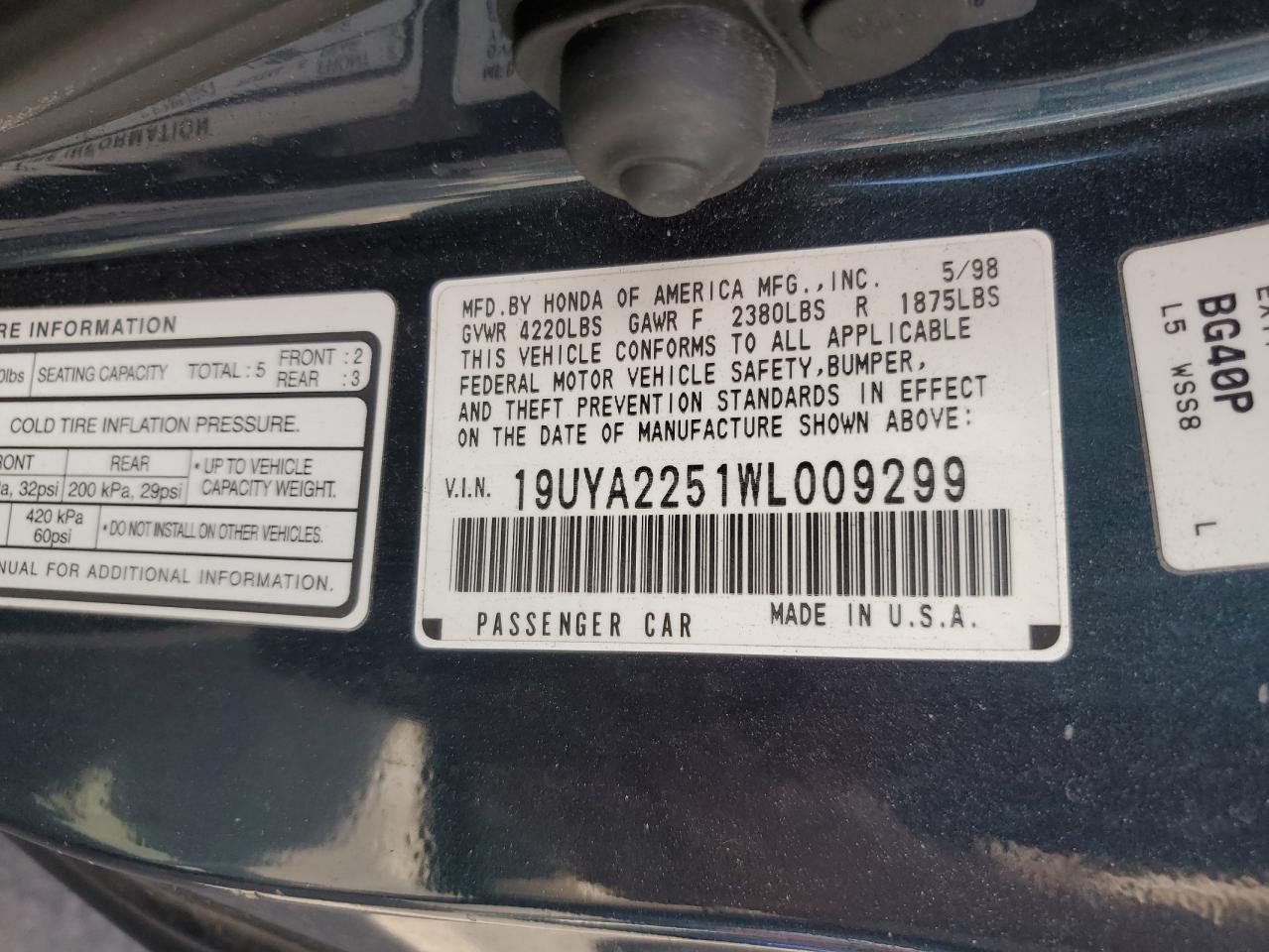 19uya2251wl009299 19UYA2251WL009299 1998 Acura 3.0Cl