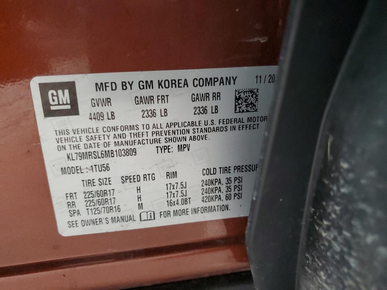 2021 Chevrolet Trailblazer Lt VIN: KL79MRSL6MB103809 Lot: 63000095