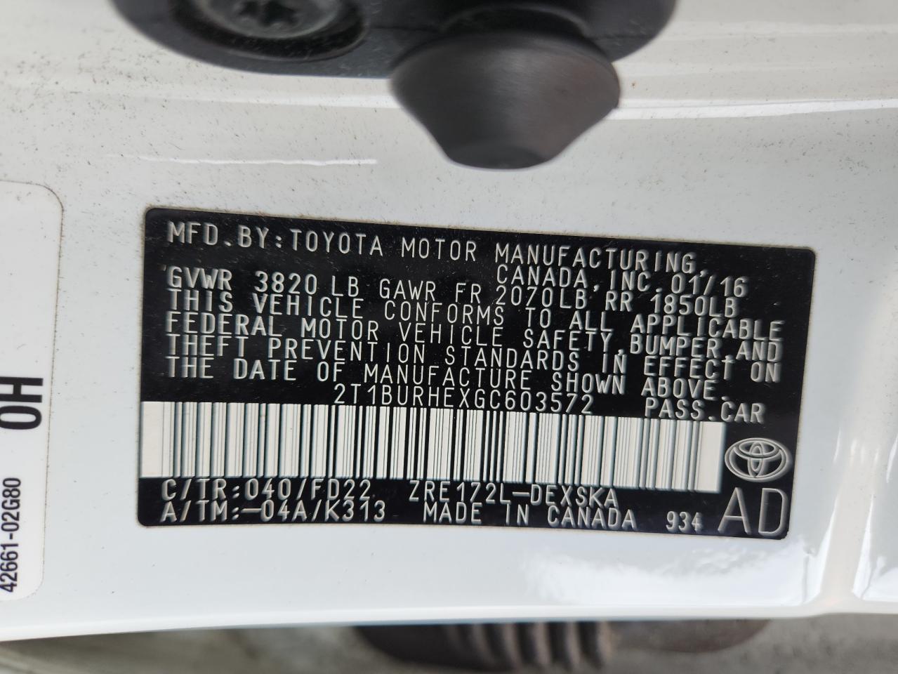 2016 Toyota Corolla L VIN: 2T1BURHEXGC603572 Lot: 65275135