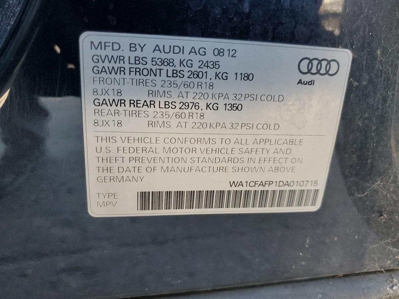 2013 Audi Q5 Premium VIN: WA1CFAFP1DA010715 Lot: 64092965