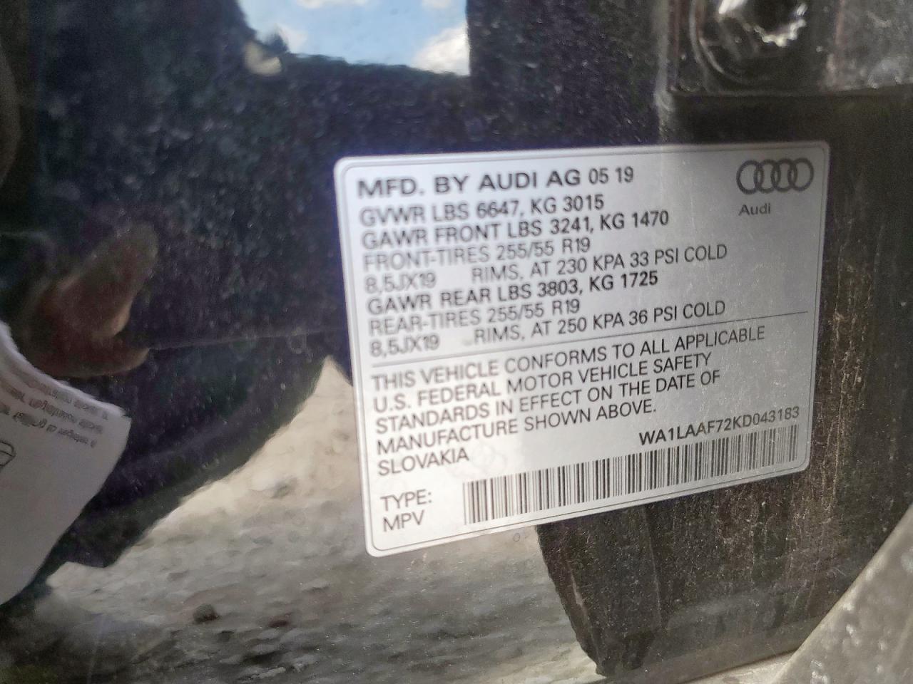 2019 Audi Q7 Premium Plus VIN: WA1LAAF72KD043183 Lot: 63705315