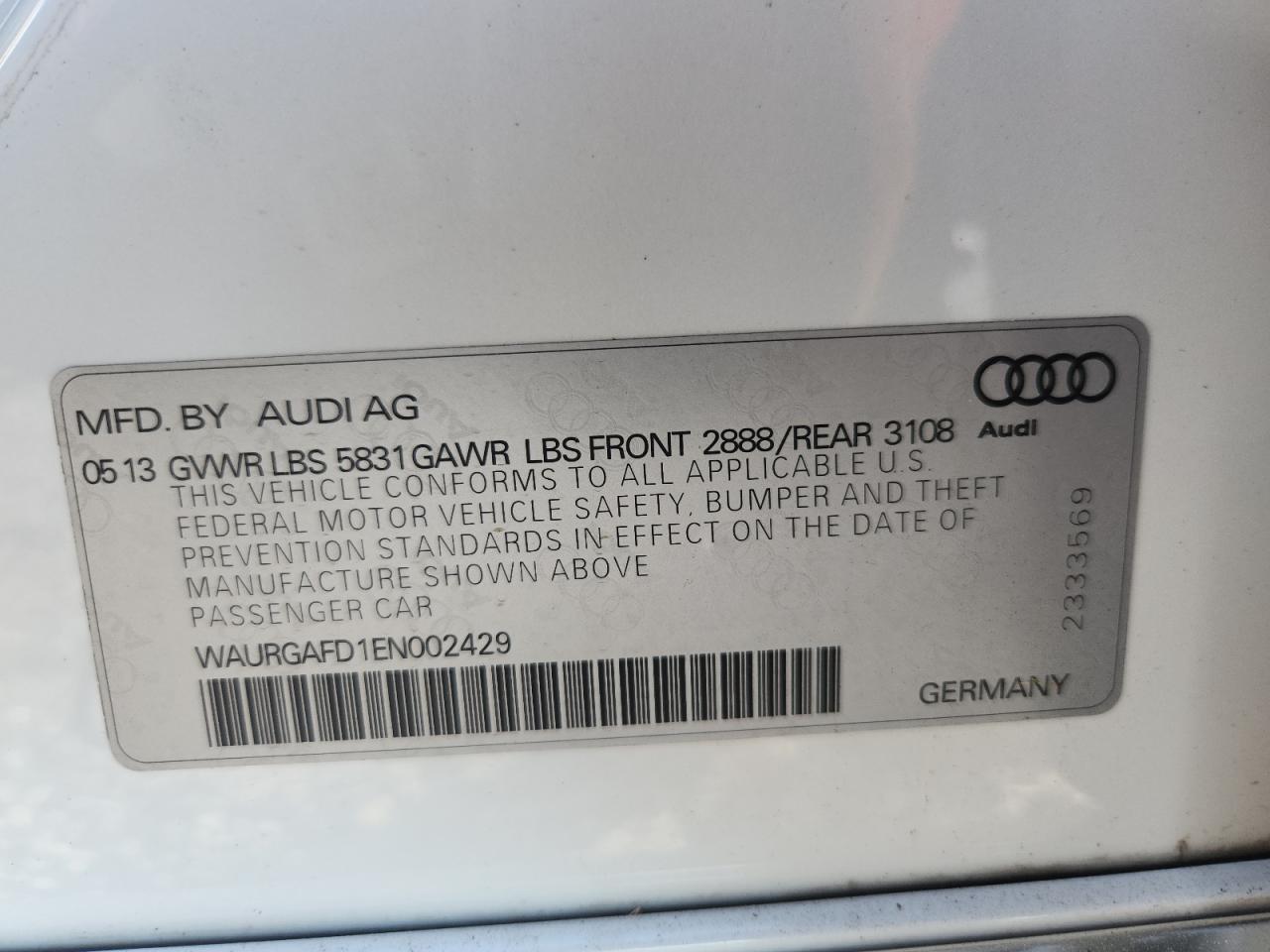 2014 Audi A8 L Quattro VIN: WAURGAFD1EN002429 Lot: 63762475