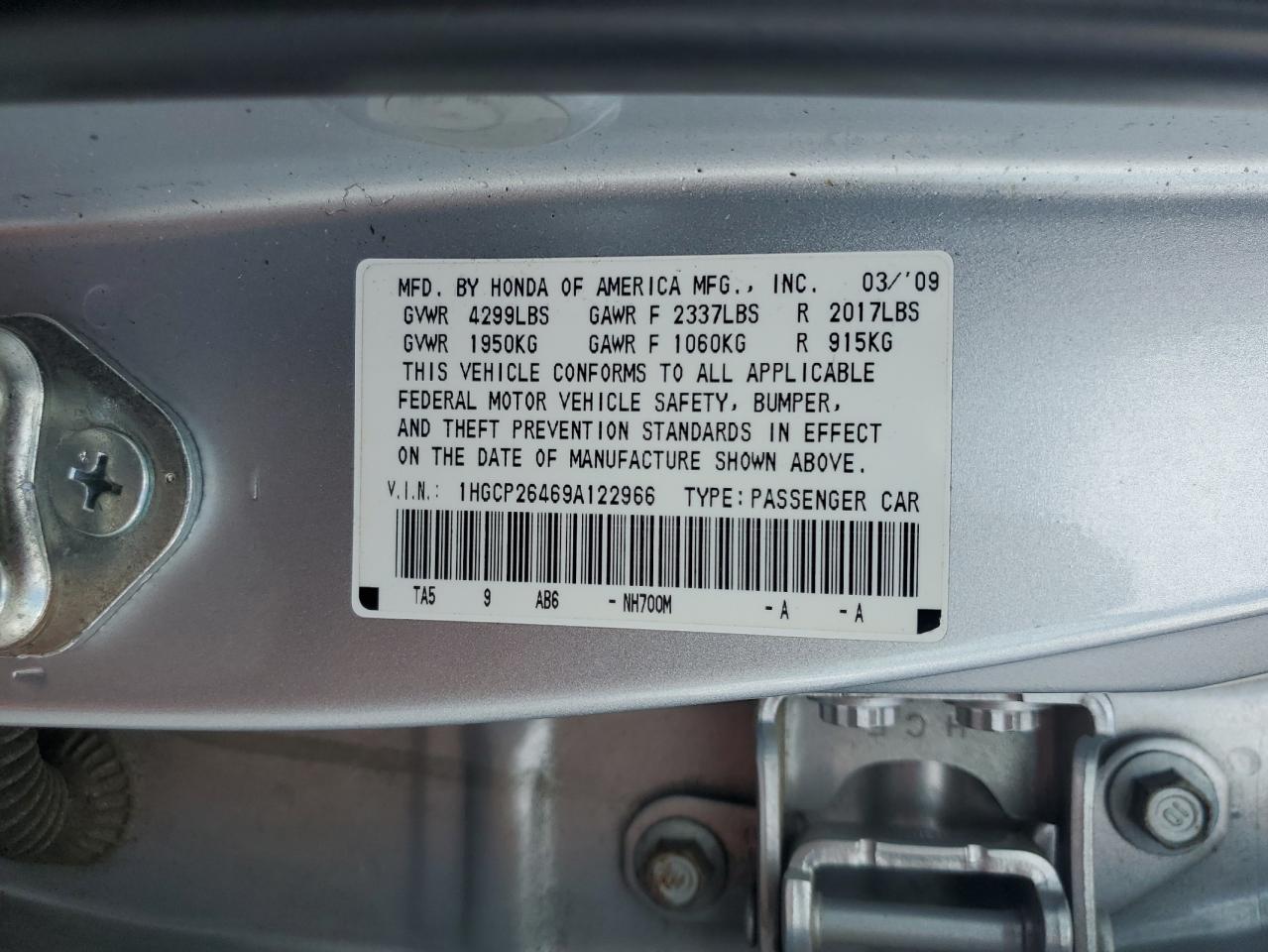 2009 Honda Accord Lxp VIN: 1HGCP26469A122966 Lot: 64486765