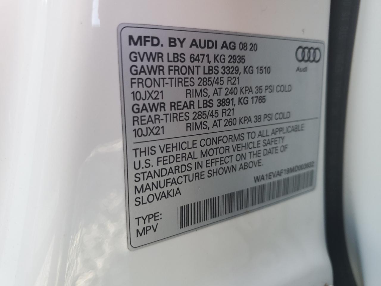 wa1evaf19md003632 WA1EVAF19MD003632 2021 Audi Q8 Premium Plus S-Line
