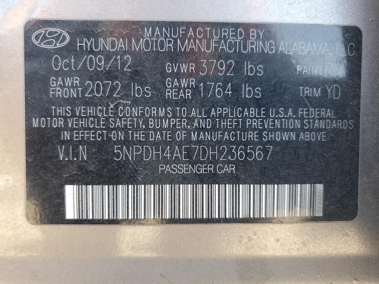2013 Hyundai Elantra Gls VIN: 5NPDH4AE7DH236567 Lot: 64824105