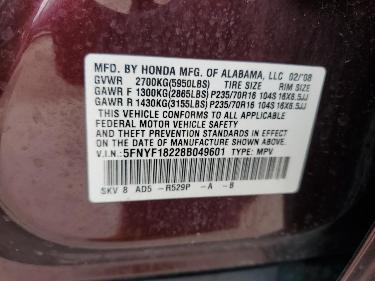 2008 Honda Pilot Vp VIN: 5FNYF18228B049601 Lot: 65325895