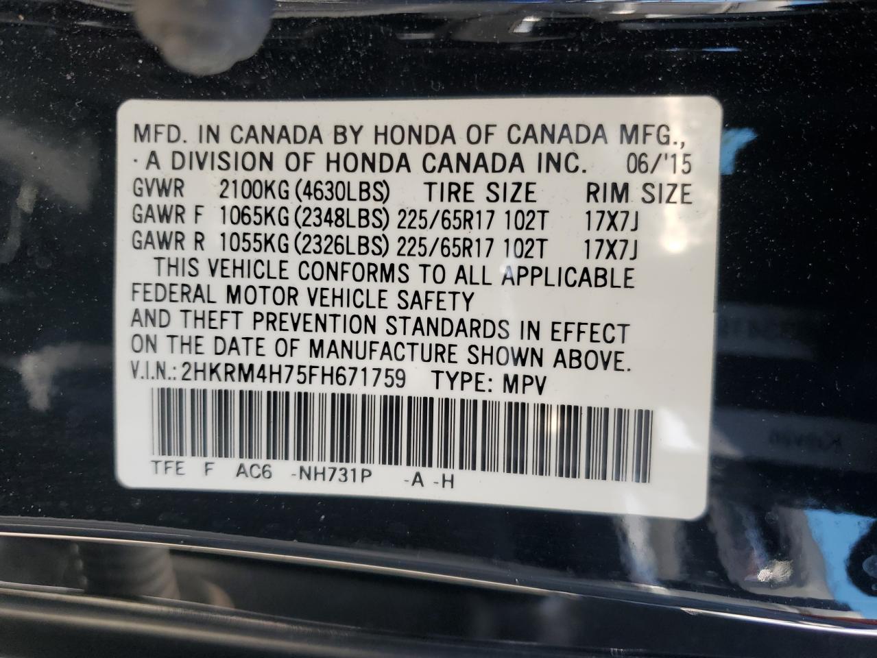 2015 Honda Cr-V Exl VIN: 2HKRM4H75FH671759 Lot: 66221975