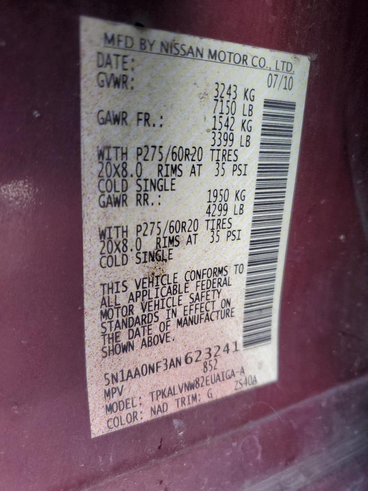 2010 Nissan Armada Platinum VIN: 5N1AA0NF3AN623241 Lot: 64897965