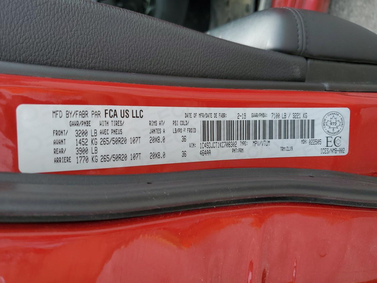 2019 Dodge Durango R/T VIN: 1C4SDJCT1KC708302 Lot: 65373885