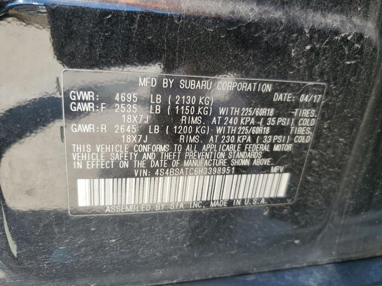 2017 Subaru Outback Touring VIN: 4S4BSATC6H3398951 Lot: 64791735