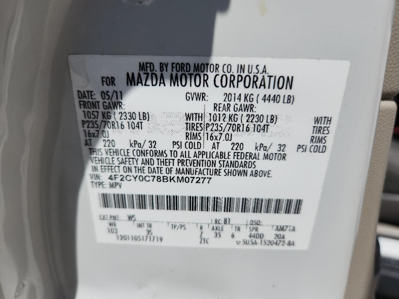 2011 Mazda Tribute I VIN: 4F2CY0C78BKM07277 Lot: 64648405