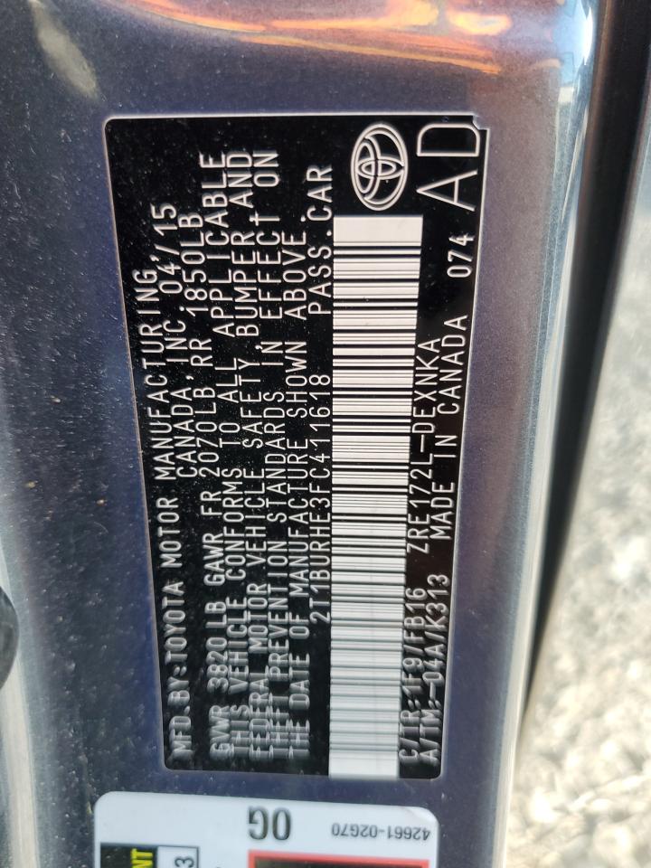 2015 Toyota Corolla L VIN: 2T1BURHE3FC411618 Lot: 66496945