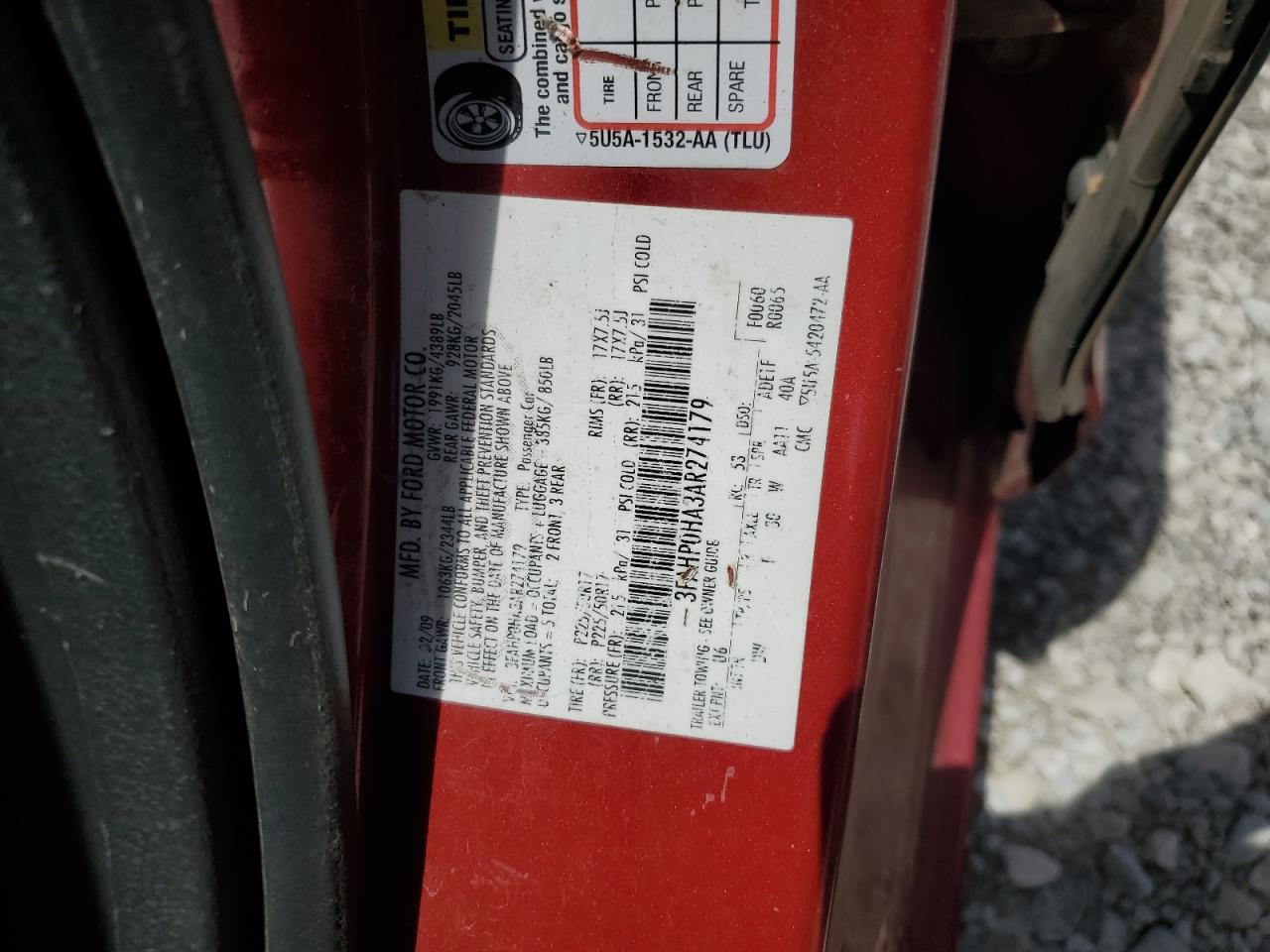 2010 Ford Fusion Se VIN: 3FAHP0HA3AR274179 Lot: 64072615