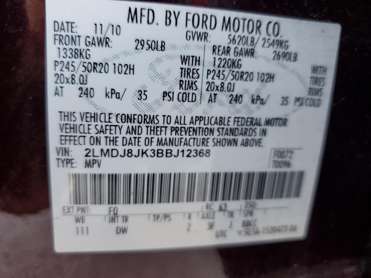 2011 Lincoln Mkx VIN: 2LMDJ8JK3BBJ12368 Lot: 71968375