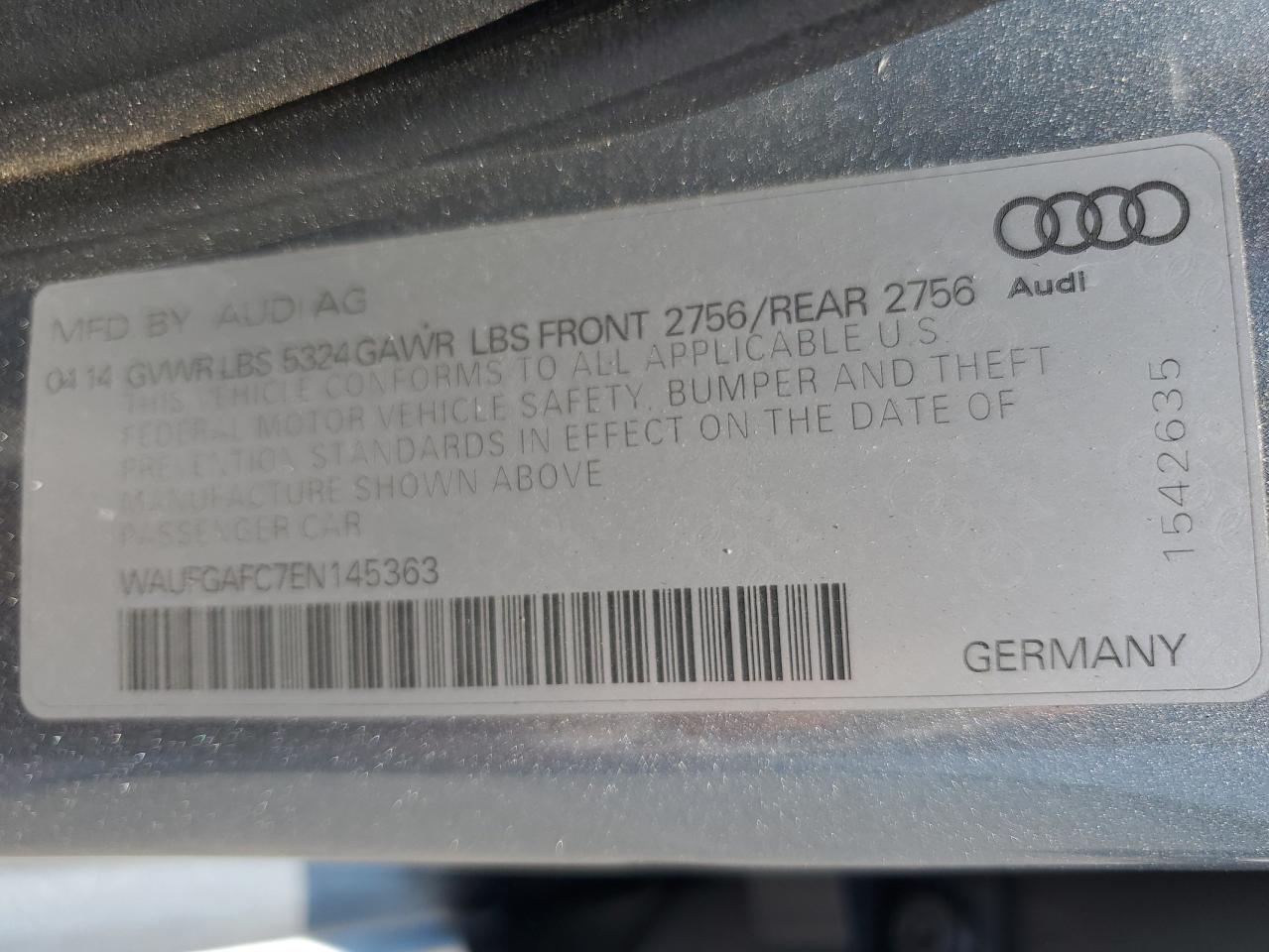 2014 Audi A6 Premium Plus VIN: WAUFGAFC7EN145363 Lot: 65577155