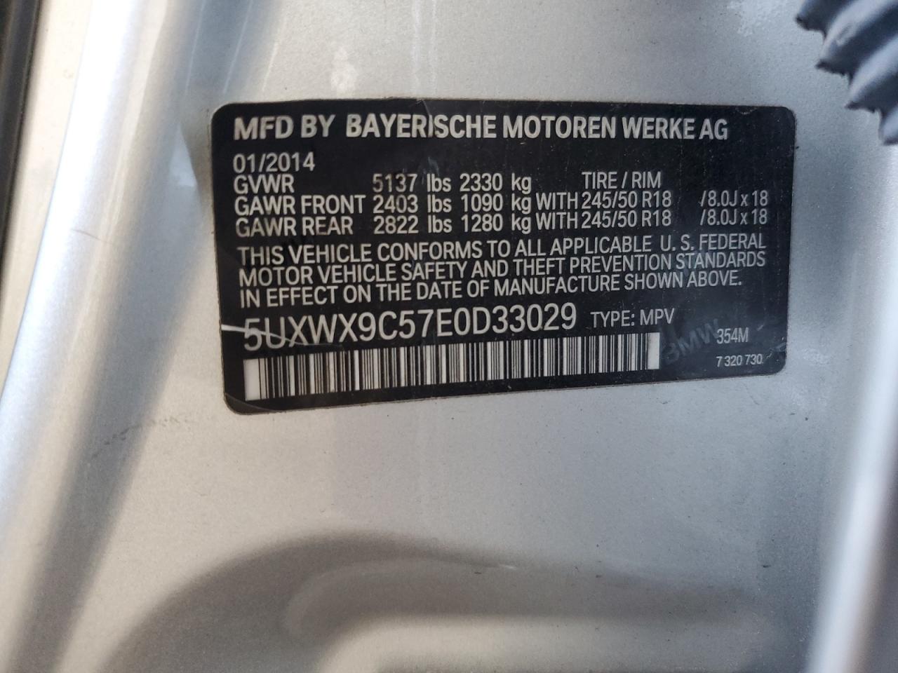 2014 BMW X3 xDrive28I VIN: 5UXWX9C57E0D33029 Lot: 65169605